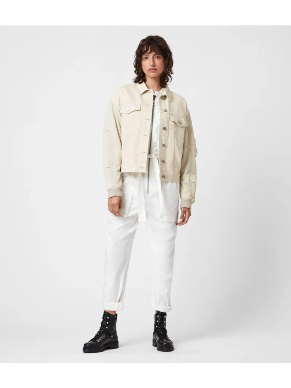 ALLSAINTS Frankie Denim Bomber Jacket Sz S Oyster White